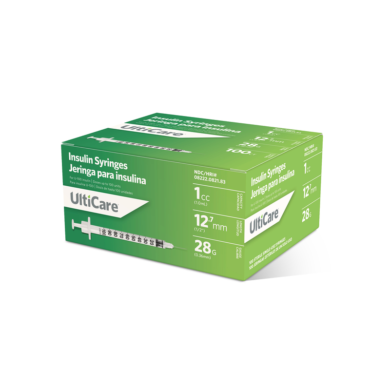 UltiCare U-100 Insulin Syringes, 1cc - 28G x 12.7mm (1/2"), 100ct box