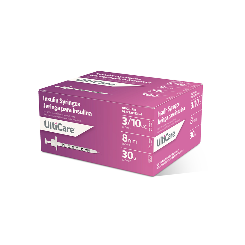 UltiCare U-100 Insulin Syringes, 3/10cc - 30G x 8 mm (5/16"), 100ct Box