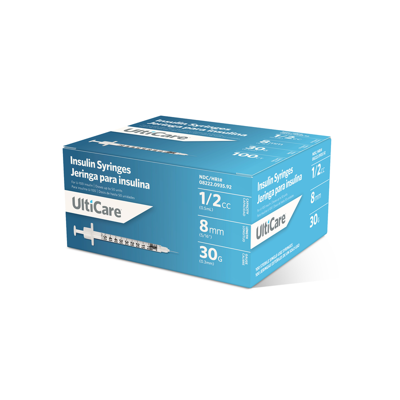 UltiCare U-100 Insulin Syringes, 1/2cc - 30G x 8 mm (5/16"), 100ct Box